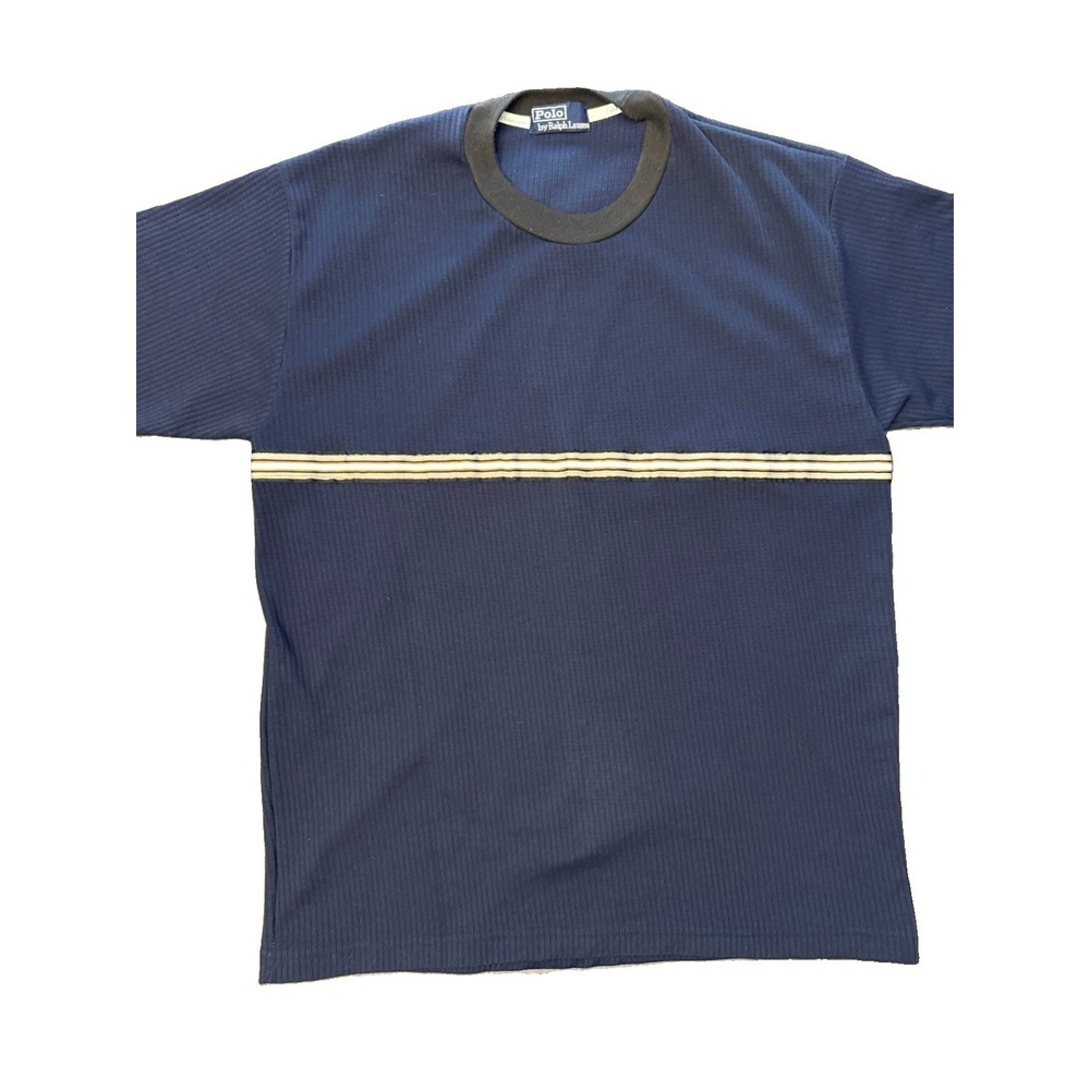 Vintage 90s Polo Ralph Lauren Mens S/M Ribbed Crewneck Shirt Navy Stripe